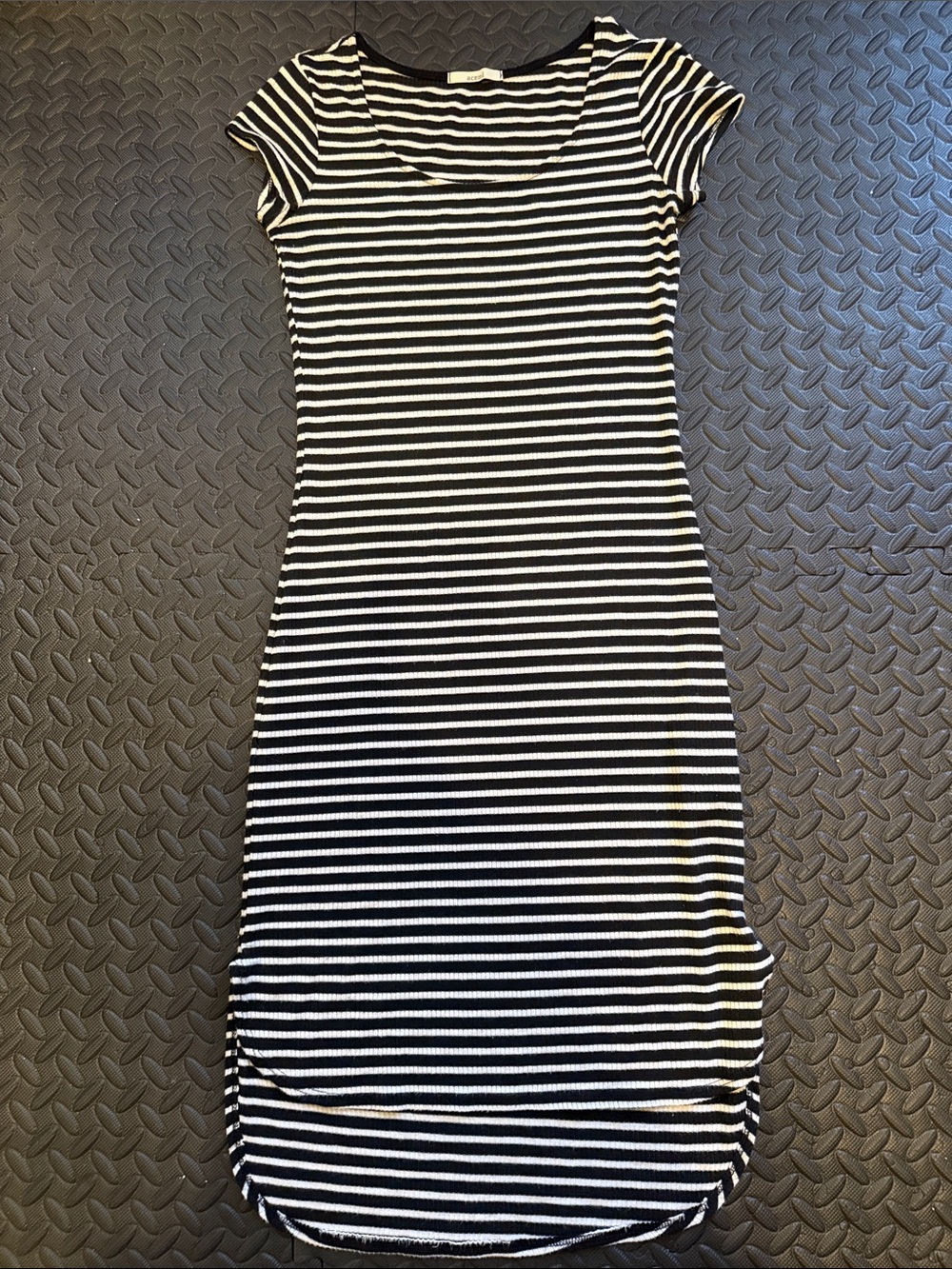 Acemi Black and White Striped Midi Dress - Scoop Neck, high low hem